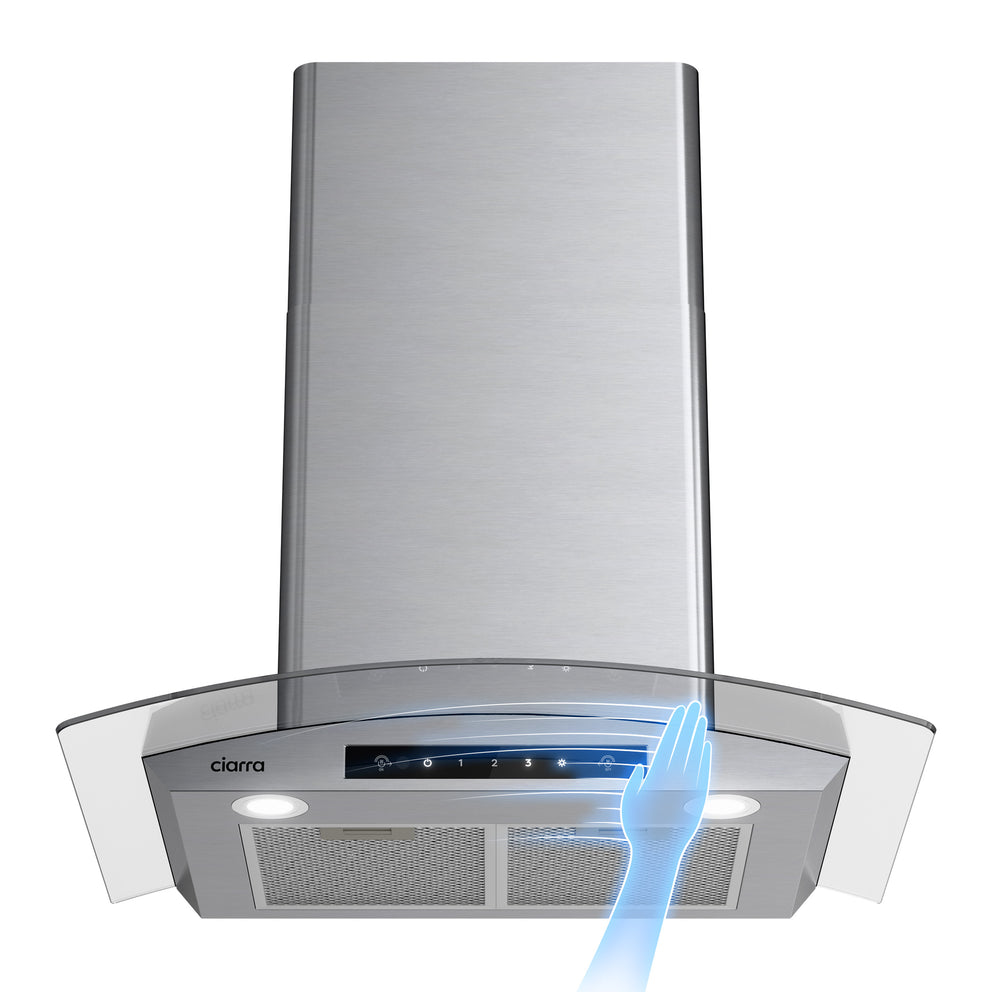 CIARRA 30 inch Glass Wall Mount Range Hood, 650 CFM 3-Speed Extraction, Wave & Touch Control Kitchen Hood CAS75502-N-OW