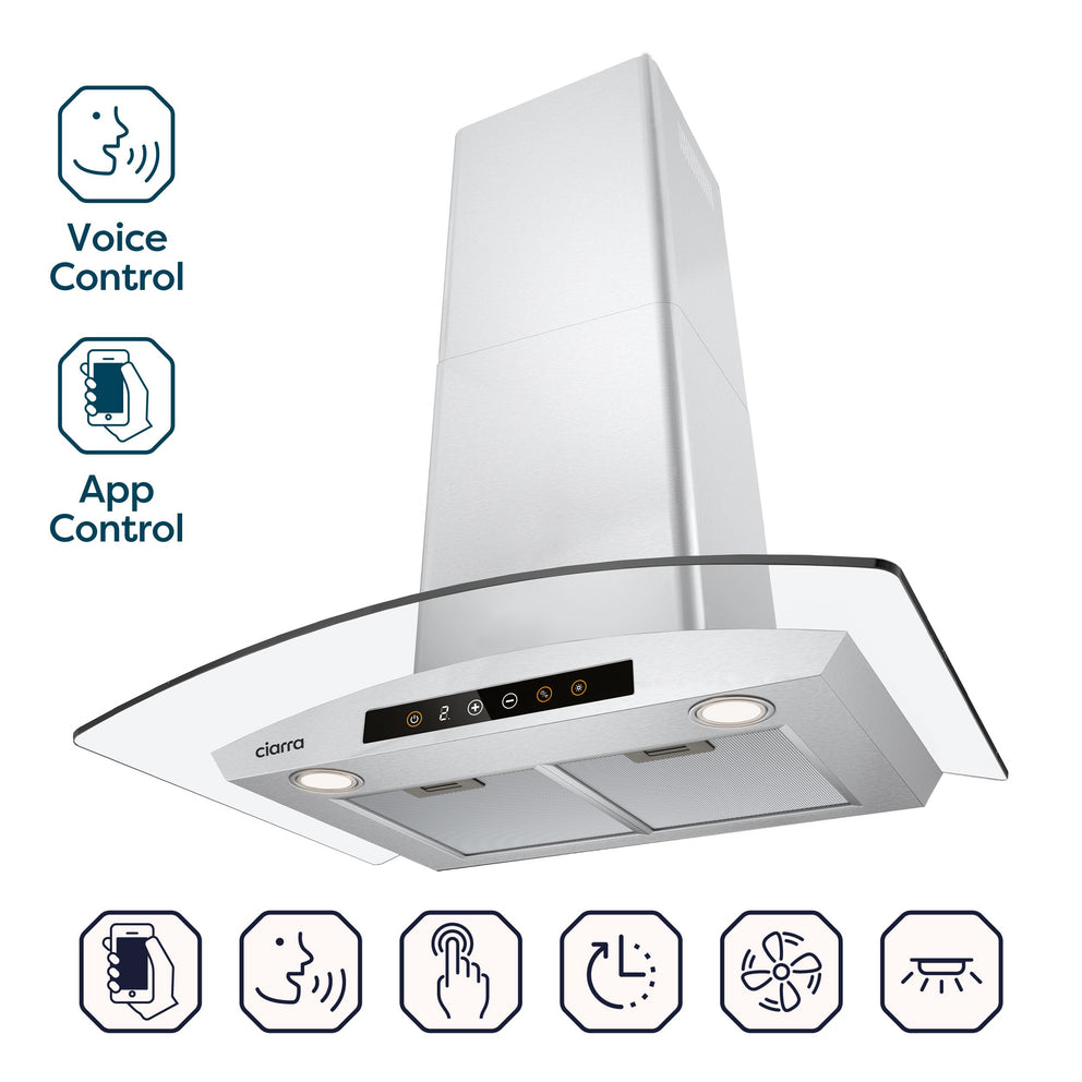 CIARRA 30 Inch Glass Smart Wall Mount Canopy Range Hood with Alexa and Google Home Voice Control CAS75502W-OW