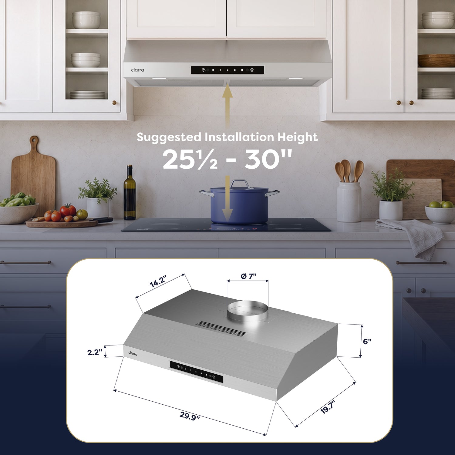 CIARRA 30 inch smart under cabinet range hood