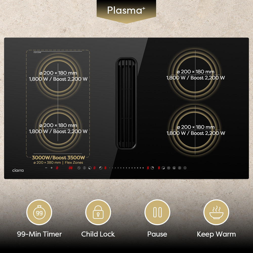 CIARRA ONE 36-Inch Induction Cooktop with Downdraft & World’s First Built-In Plasma⁺ Filtration | CABEH364BF - CIARRA Appliances US