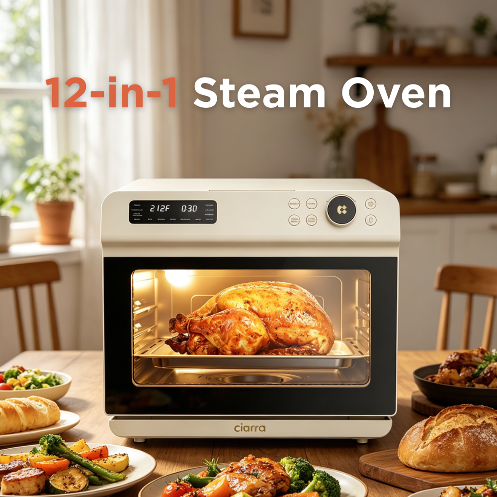 Ciarra Nosh Oven Pro | 12-In-1 Steam Oven With Air Fryer XL 1600 Watt Portable Countertop Oven Toaster Oven 25.4QT CASO24-W