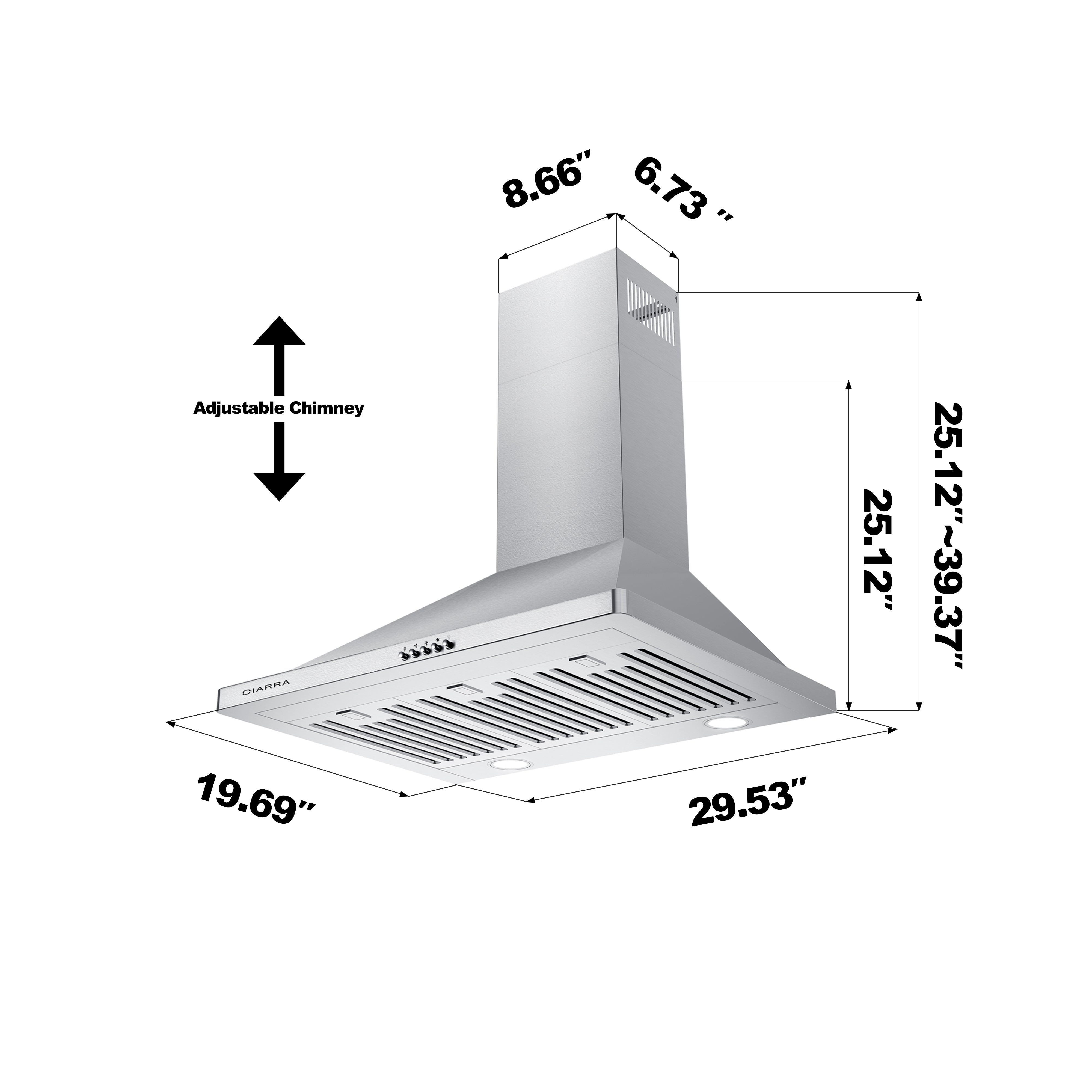 CIARRA CAS75302 Ductless Range Hood 30 inch 450 cFM Wall Mount Vent Hood  for Stove with Permanent Filter, 3 Speed Fan in Stainless Steel cIARRA