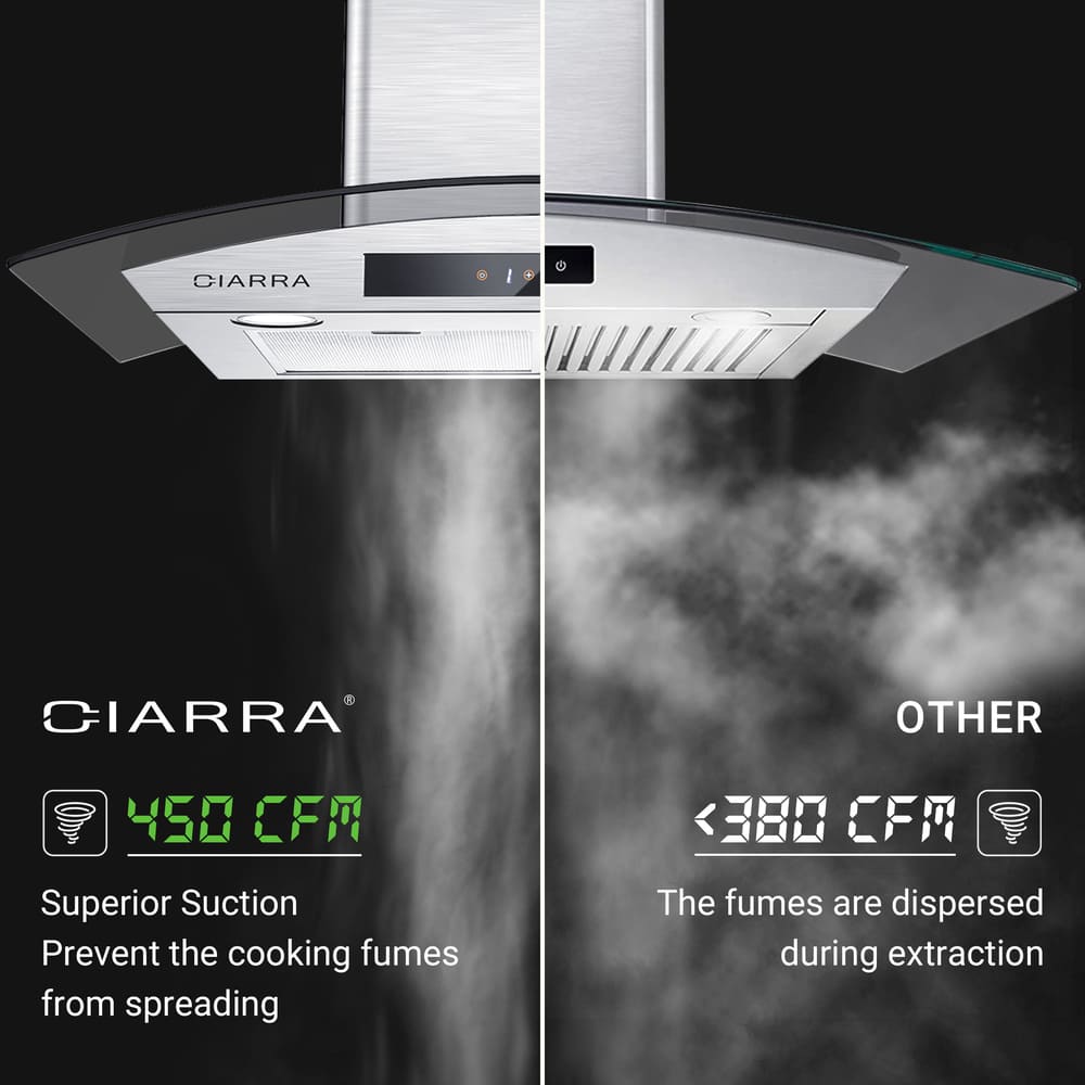 CIARRA Black Range Hood 30 inch with Soft Touch Control 450 CFM Stove Vent  Hood for Kitchen with 3 Speed Exhaust Fan Auto Shut Off Function CAB75502